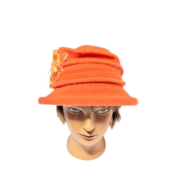 KaKyCo Women's Orange Wool Knitted Cloche With Flowers With Embellishment - Picture 2 of 8